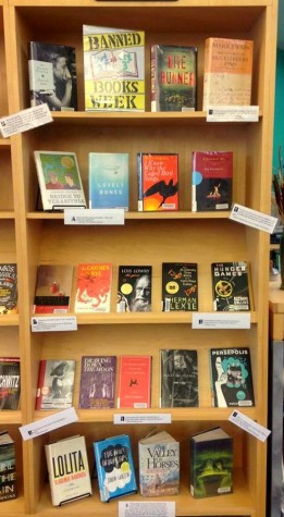 Banned books are displayed on Library shelves.