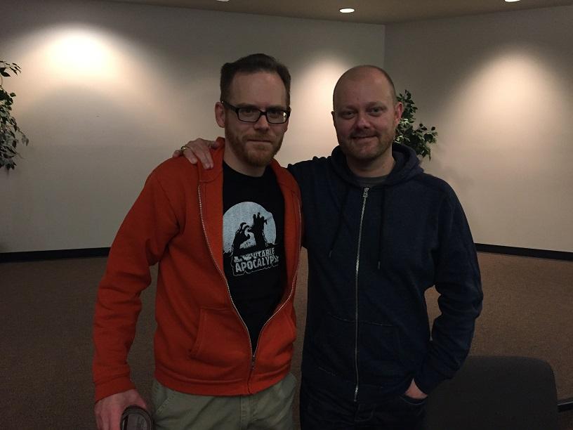 Writer Corey Casciato in red hoodie and Director Alexandre Phillipe next to him after Q&A 