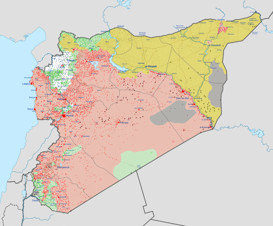 Syrian Civil War zones of control.
Assad forces (red), ISIS (black), SDF (yellow), Free Syrian Army (green)
By Ermanarich, via Wikimedia Commons