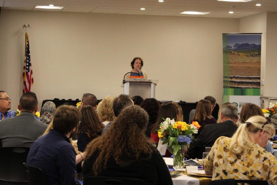 Dr. Nancy McCallin, president of Colorado Community College System, honors 27 recipients of the Rising Star Award at a luncheon Tuesday, April 10, 2018, at Arapahoe Community College in Littleton, Colorado. Camila Monroe and Rachel Zinna are ACC’s 2018 recipients of the award which recognizes students with outstanding service and leadership.