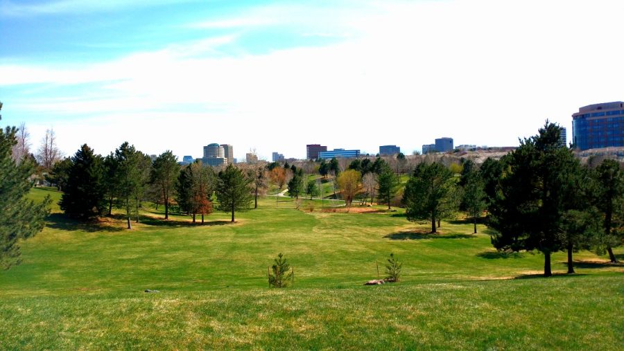 Skyline of the Denver Technology Center from atop a hill at George Wallace Park April 15, 2018.  