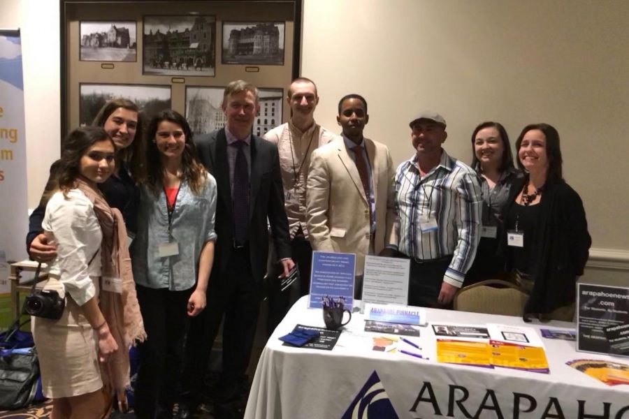 Gov. John Hickenlooper, fourth from the left, visits with journalism students and faculty from Arapahoe Community College at the Colorado Press Club Convention Friday, April 12, 2018. As the speaker during the conventions keynote lunch, Gov. Hickenlooper gave a state of the state speech and proclaimed April 16-22 Colorado Journalism Week.