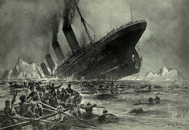 Artists depiction of the Titanic sinking, drawn by  Willy Stöwer. 