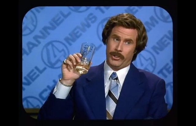 Will Ferrell, as 2004s Anchorman, enjoying a glass of scotch before going on air. 