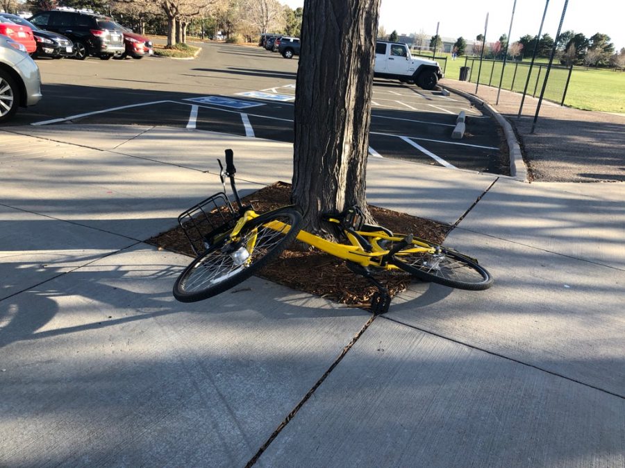 An Ofo bike improperly parked near the Denver Tech Center on April 27, 2018.