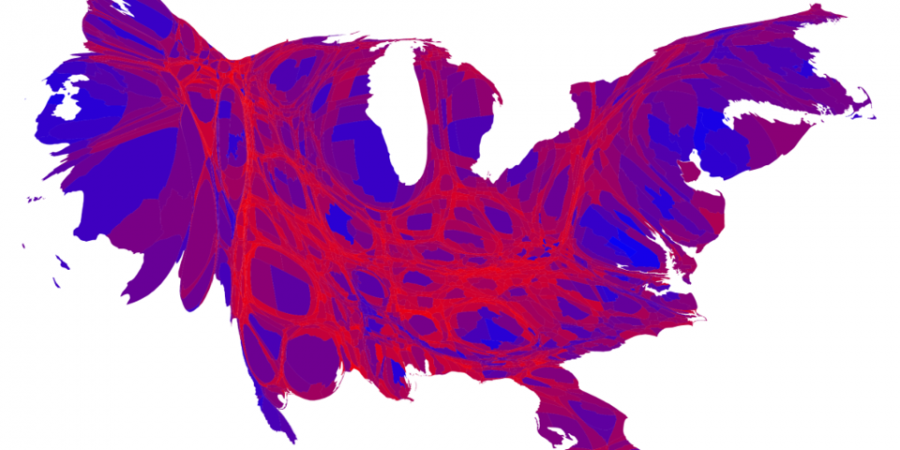 What the red/blue state dynamic looks like when adjusted for population, rather than open land. 