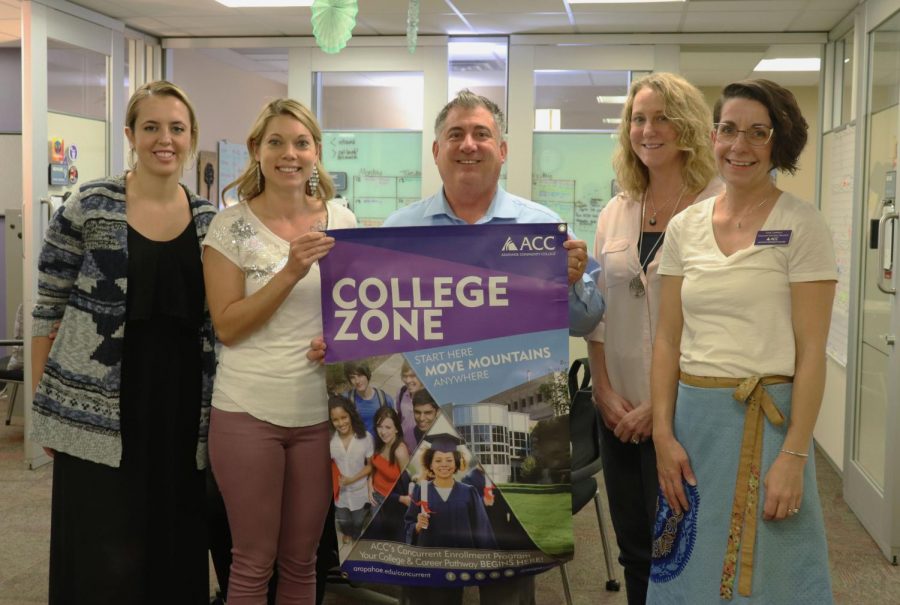 Concurrent enrollment staff(left to right) Arijana Jaksic, Marcy, Huck, Steven Medina (Director of Concurrent Enrollment), Jeniffer Wayne, Jenny Lammers and Ashley Maloney (who is not pictured) pose with a concurrent enrollment poster on Thursday Sept 5,2019. About 50% of students who are admitted at ACC are concurrently enrolled as of last fall. 