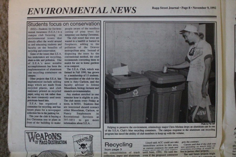 An issue of the Rapp Street Journal depicts criminology major, Chris Michna, using aluminum can receptacle in November of 1992. Photo taken by Kalyca McGuire on Nov. 13, 2019.