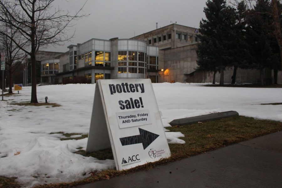 Signs for the pottery sale were scattered across Arapahoe Community Colleges Littleton campus. The sale spanned across three days. Photo taken by Kalyca McGuire on Dec. 5, 2019.