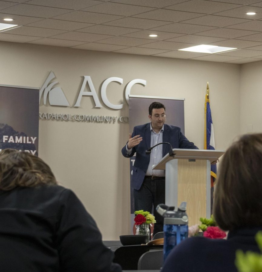 Michael Wear speaking in the Summit Room at Arapahoe Community College on Wednesday, Feb. 5, 2020. This event was held for Sola Church and Denver Seminary students, to talk about politics and the relationship between faith and political activity. 