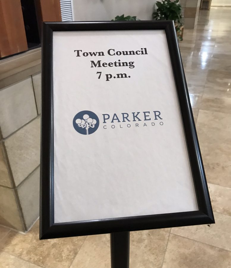 Town Council Meeting sign at Parker Town Hall on Tuesday Feb. 28, 2020.