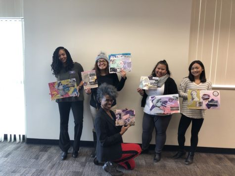 Adri Norris poses with ACC students and their collage art at the Parker Campus on Feb. 6, 2020.