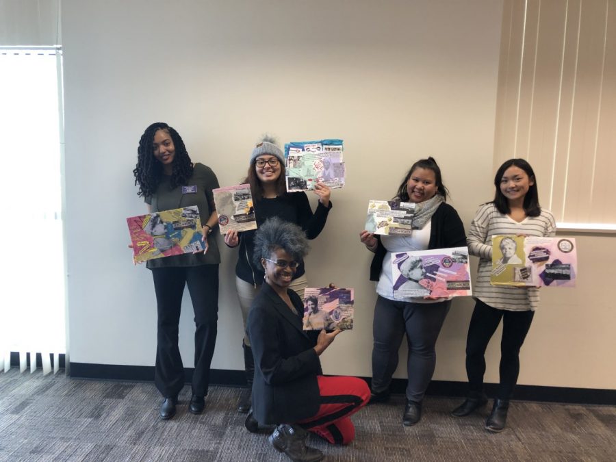 Adri Norris poses with ACC students and their collage art at the Parker Campus on Feb. 6, 2020.