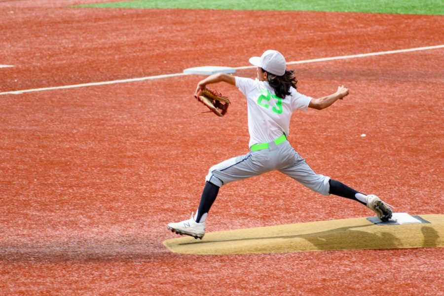 Unknown Player pitches the ball in game. April 25th, 2021. Metzler Ranch Community Park, Castle Rock, CO. 