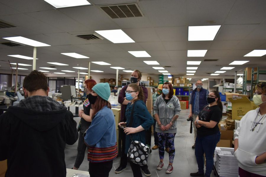 The Progenitor team being shown about the main hall of Hampden Press, being shown the many stages of book building and the machines used. April 23, 2021.