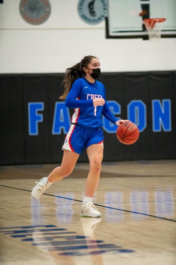 Abigail Wrede looks down the court for a possible chance of an open teammate at Highlands Ranch High School on March 9th, 2021.