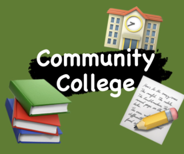 The words community college are surrounded by emojis of a school, books, and a paper and pencil. Image via Leah Schreier