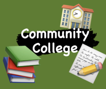 The words "community college" are surrounded by emojis of a school, books, and a paper and pencil. Image via Leah Schreier