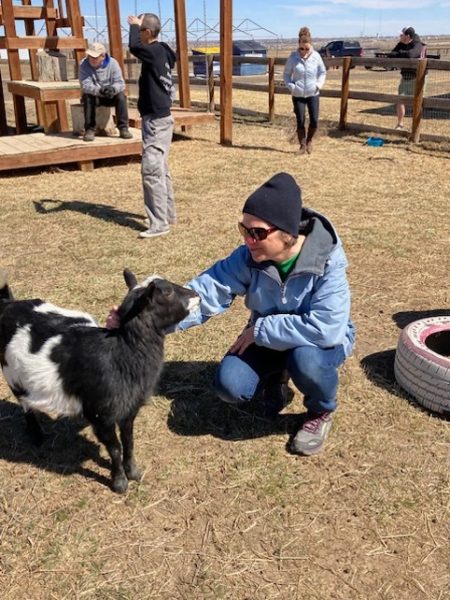 ACC communications professor Diana Hornick petting a black and white goat.