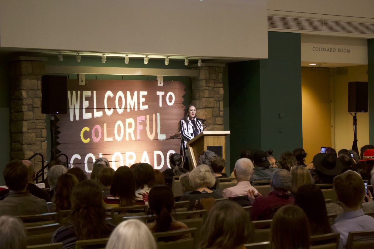 Danielle SeeWalker addresses the room of observers during the opening event for her exhibit in the History Colorado Center in Denver on Feb. 29, 2024. 