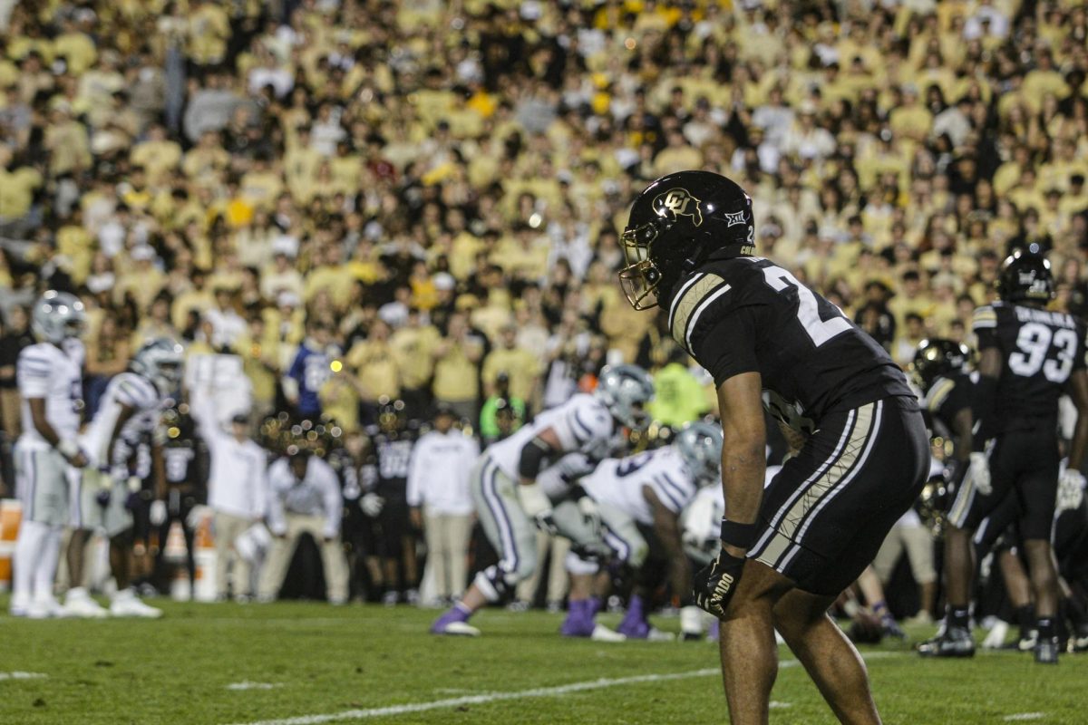 Cornerback, Preston Hodge lines up on defense before the Kansas State offense snaps a play.