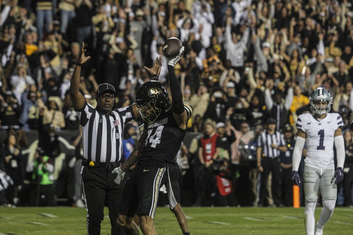 Wide Receiver, Will Sheppard celebrates after catching a touchdown pass in the end zone during their 31-28 loss to Kansas State on Oct. 12, 2024.