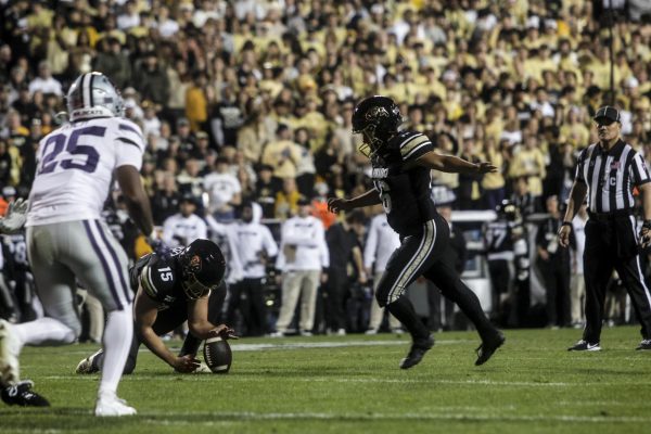 CU Kicker, Alejandro Mata attempts an extra point after a touchdown during their 31-28 loss to Kansas State on Oct. 12, 2024.