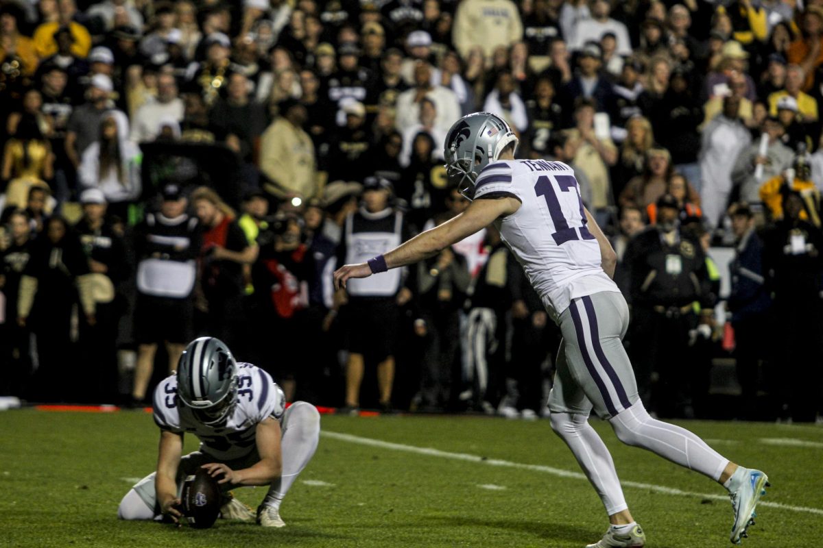 Kansas State kicker, Chris Tennant attempts an extra point after a touchdown during their 31-28 win over CU on Oct. 12, 2024.