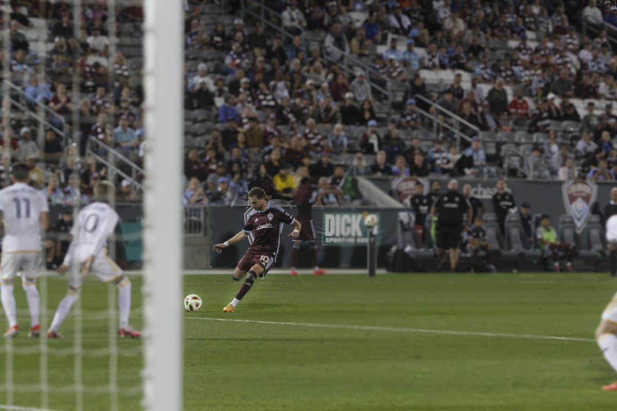 Midfielder, Djordje Mihailovic, kicks the ball from a set piece during the Colorado Rapids 1-3 loss against LA Galaxy.