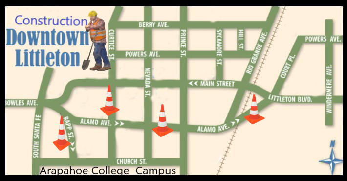 Downtown Littleton map of streets that may be affected by Water Pipe Construction during Spring 2025 Semester at ACC.