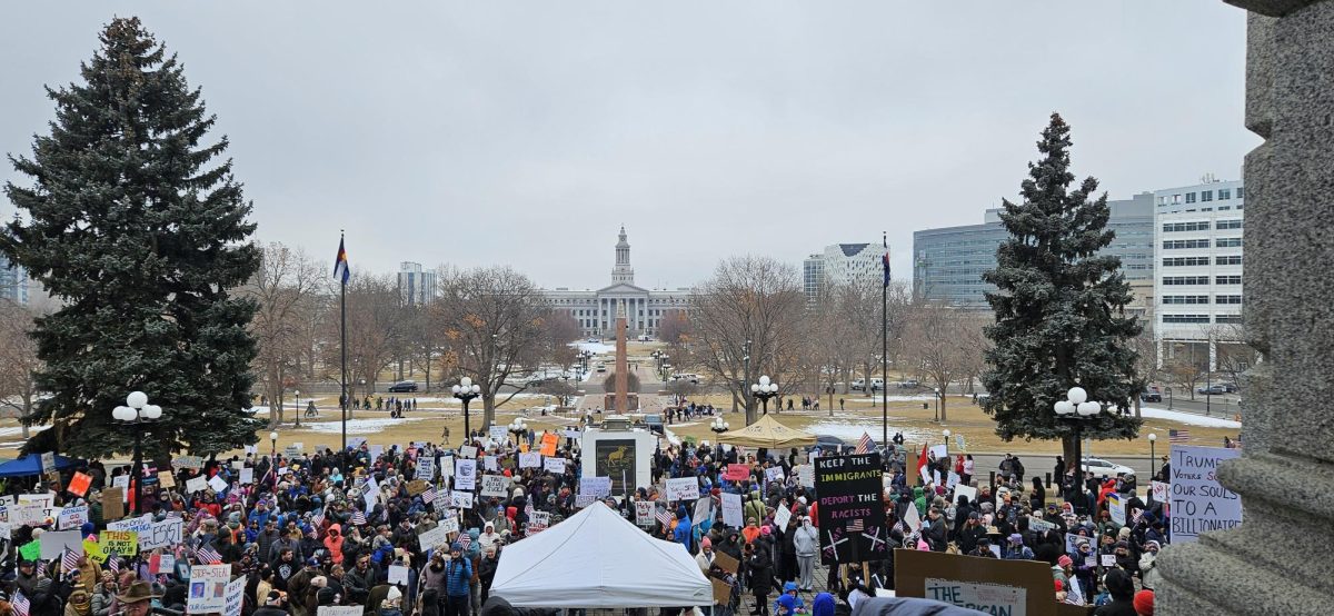 Protestors in front of Denver State Capital building with Denver City and County building in background