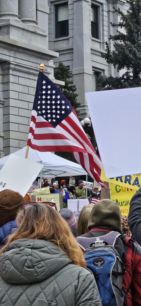 American flag framing protest speaker