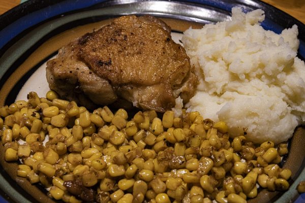 Pan-seared chicken with sautéed corn and instant mashed potatoes/