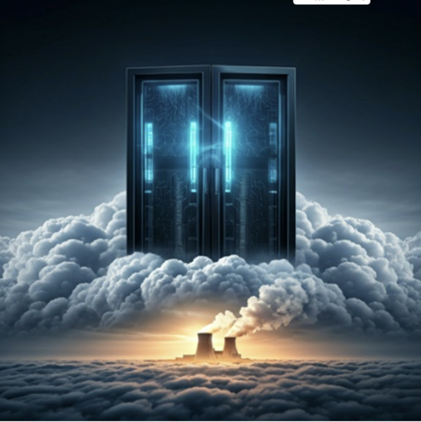 AI Date Center in clouds right above a Nuclear Power Plant, generated by Google’s Gemini AI image generator.  
