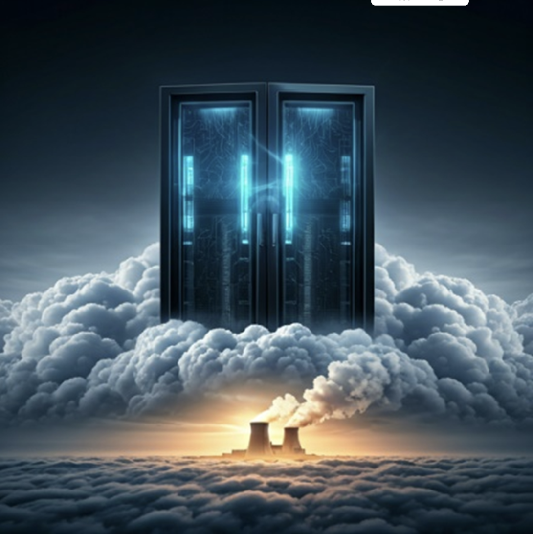 AI Date Center in clouds right above a Nuclear Power Plant, generated by Google’s Gemini AI image generator.  
