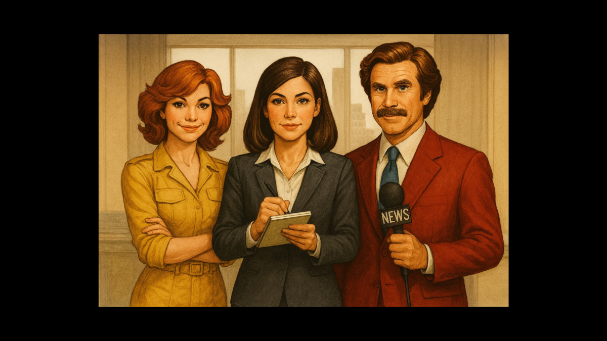 This image was generated by AI using Microsoft Copilot and is intended for editorial and promotional use by The Pinnacle Journalism Club at Arapahoe Community College. Characters depicted are inspired by Lois Lane, April O’Neil, and Ron Burgundy for illustrative purposes.