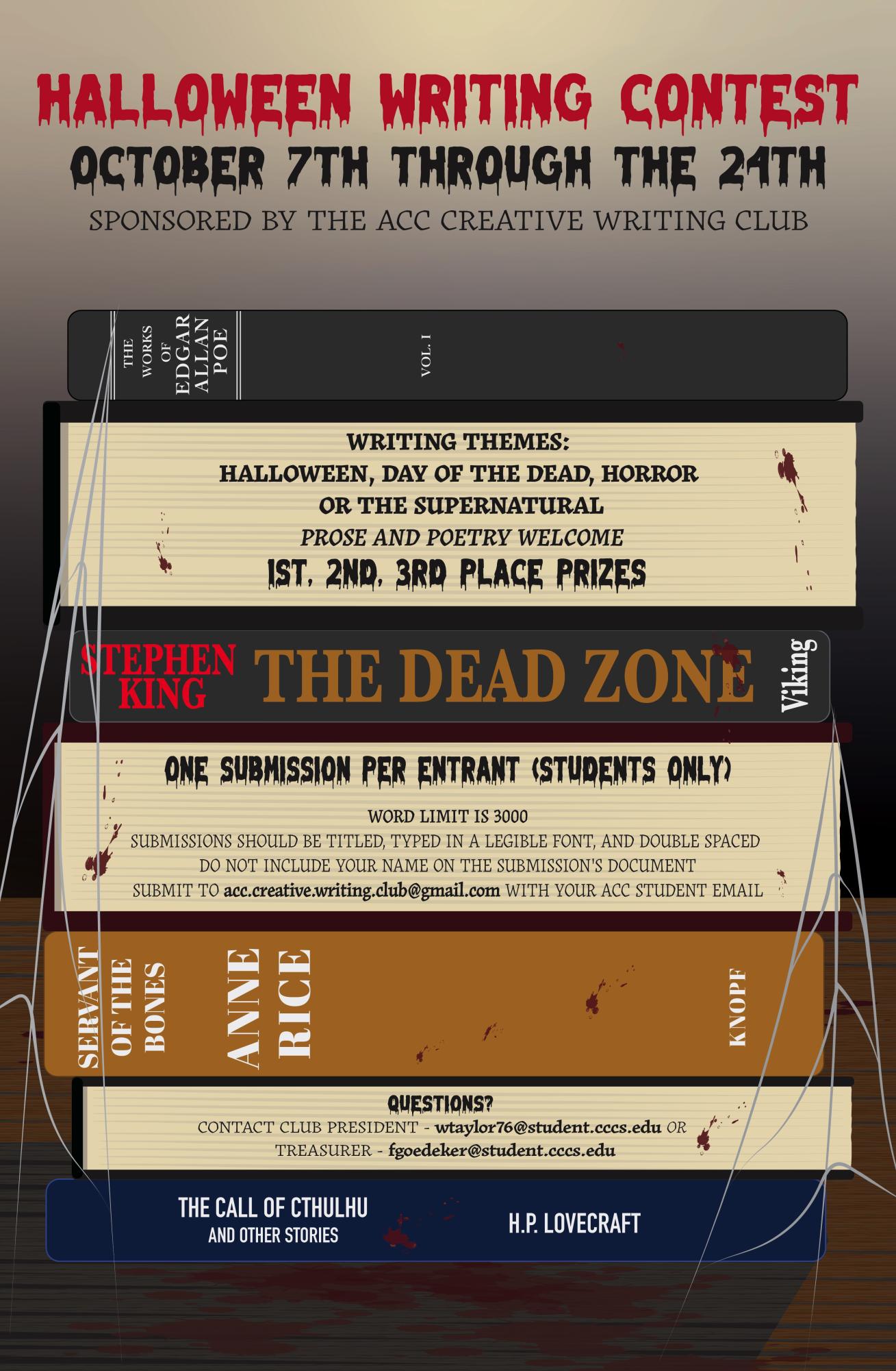 Info on the Halloween Writing Contest, hosted by the Creative Writing Club, Oct 7th-24th