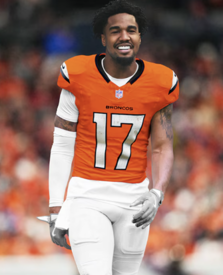 Jaylen Waddle in Denver Broncos uniform.